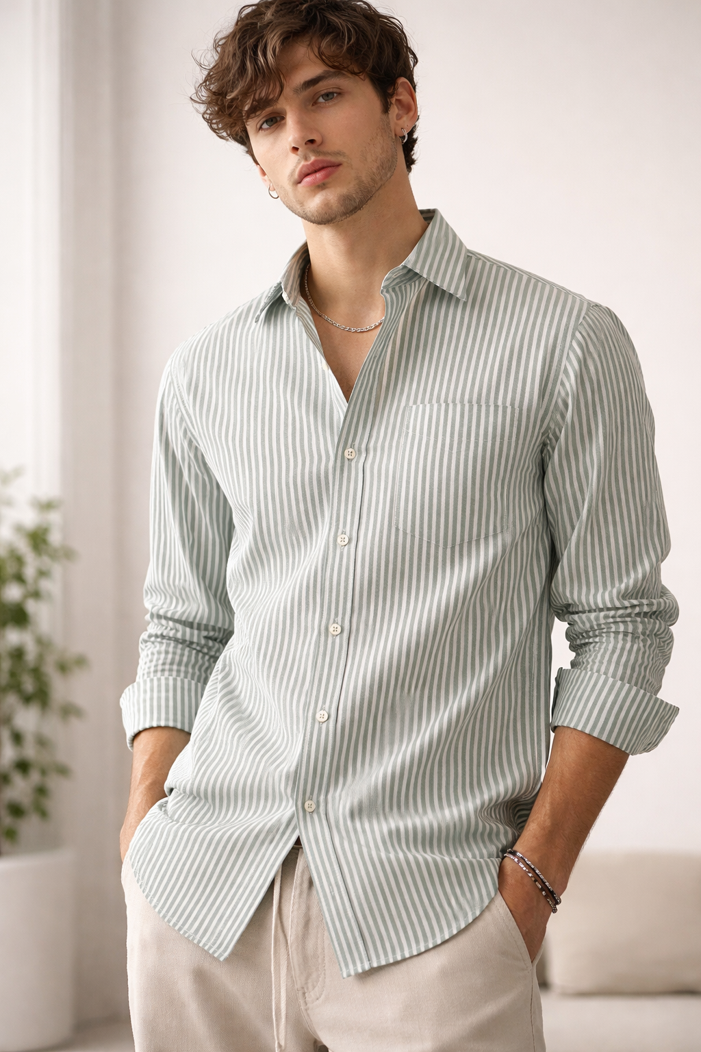 Men's Green & White Striped Premium Cotton Shirt - 26318