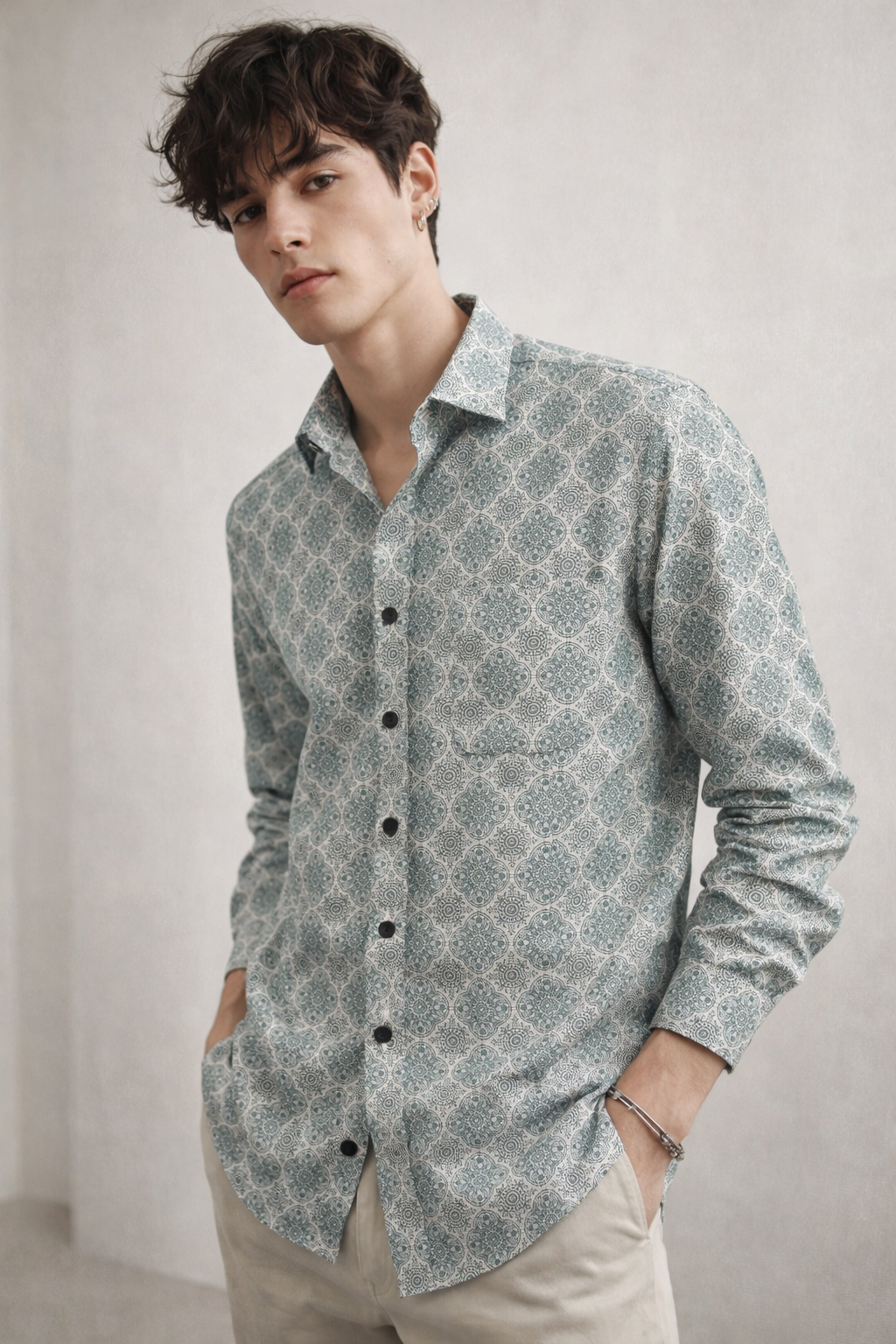 Men’s Premium Cotton Printed Casual Shirt – Teal & White Micro-Mandala Pattern - 25605