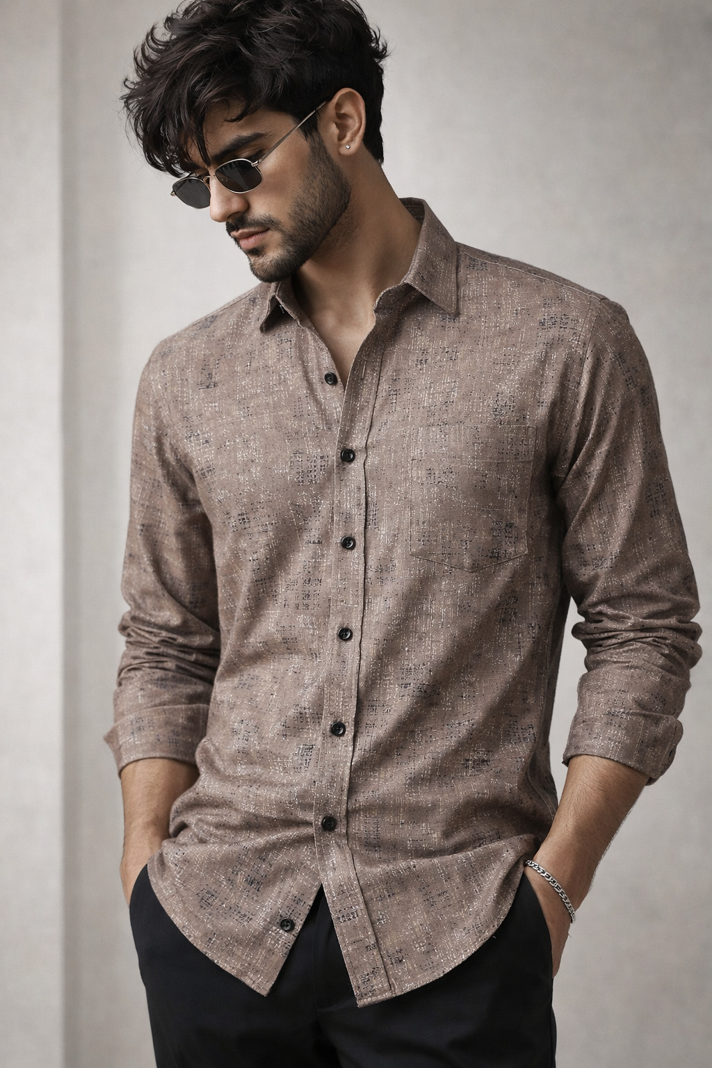 Men’s Premium Textured Printed Shirt – Taupe Beige with Abstract Pattern - 25598