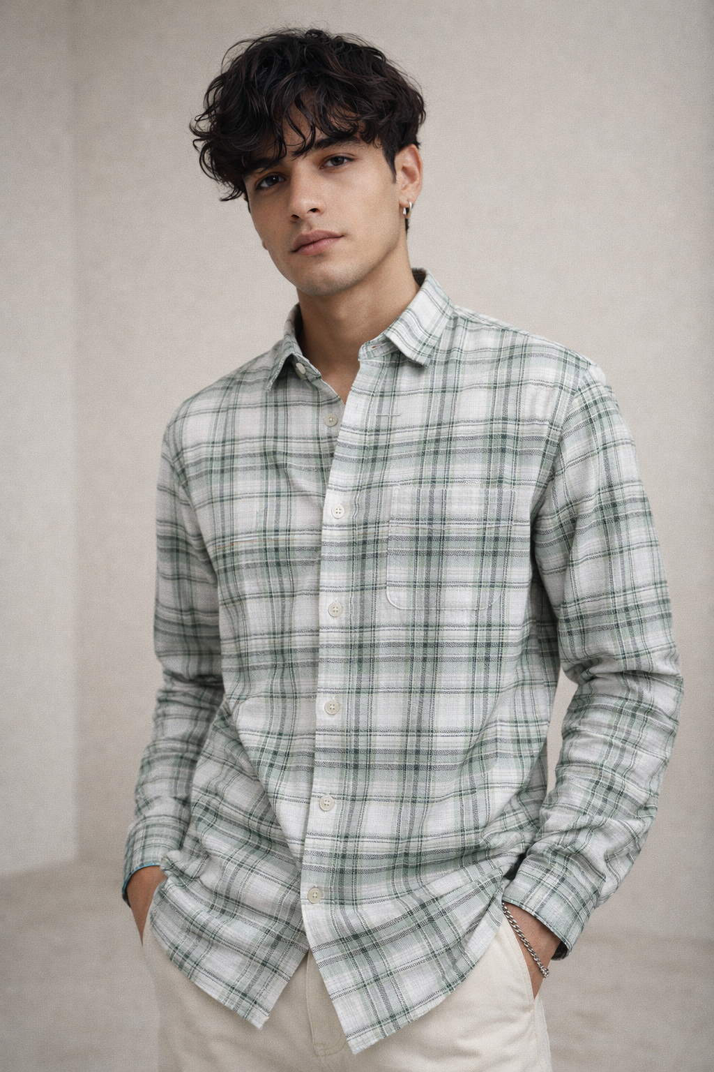 Sage Green & White Checkered Cotton Casual Shirt - 26225