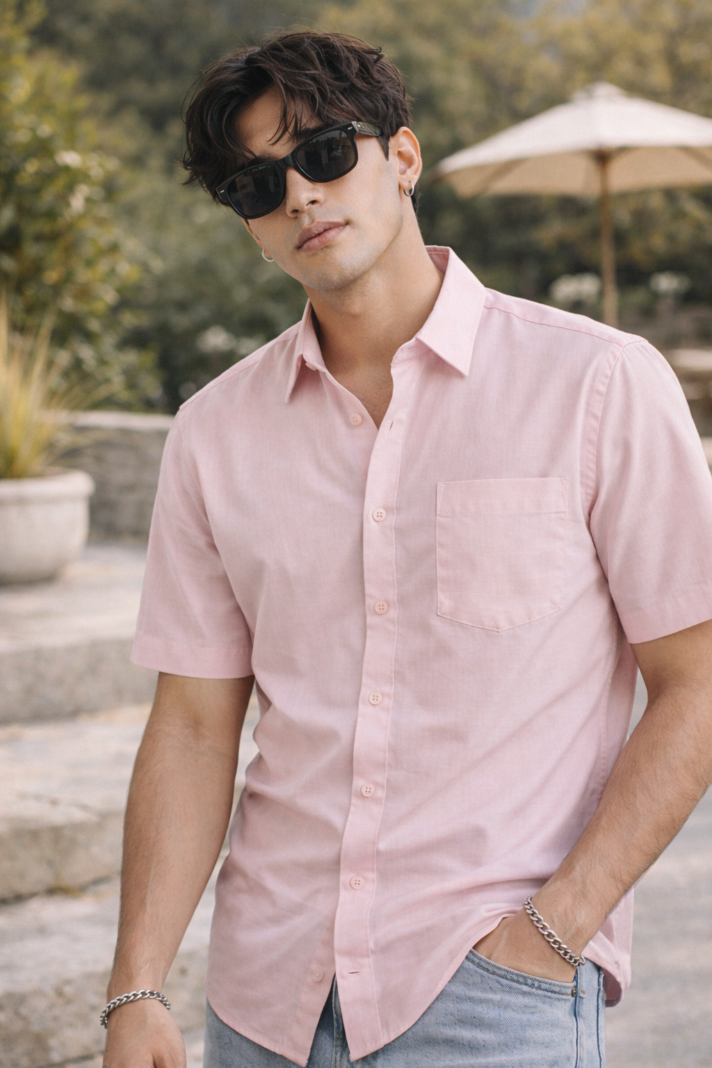 Men's Light Pink Semi-Formal Cotton Shirt - 21