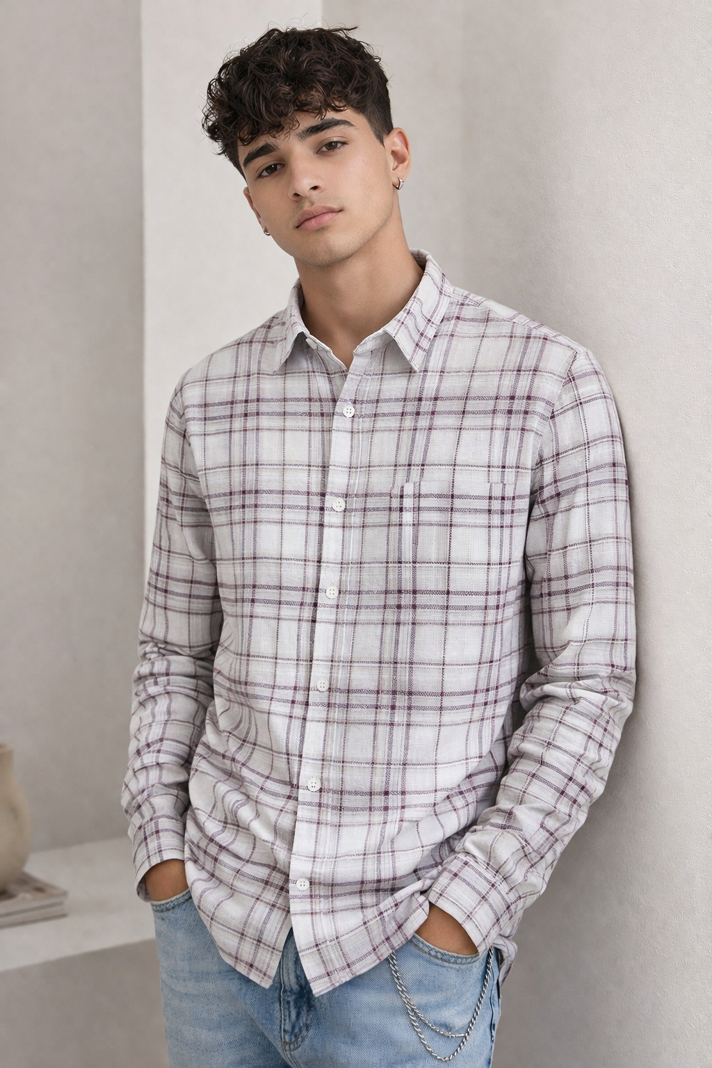 Burgundy & Ash Textured Grid Cotton Shirt - 26224