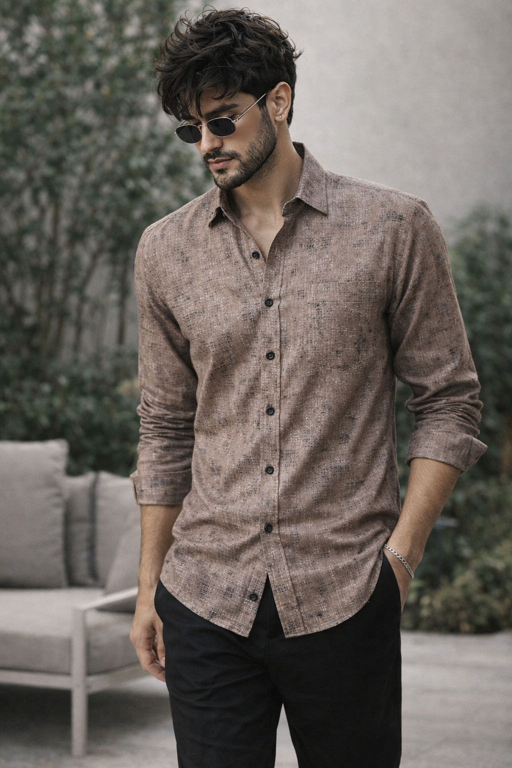 Men’s Premium Textured Printed Shirt – Taupe Beige with Abstract Pattern - 25598