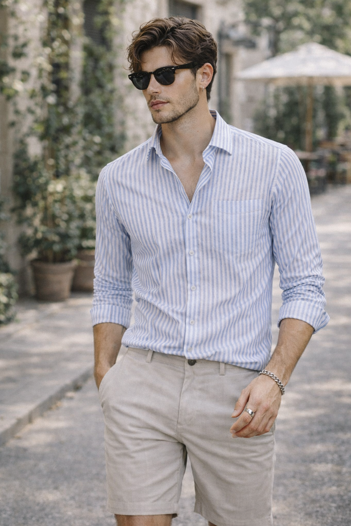 Men's Sky Blue & White Fine Striped Premium Cotton - 26317