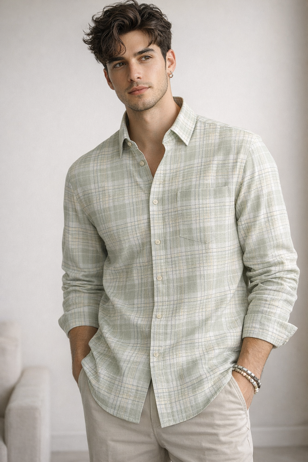 Sage & Sand Textured Check Cotton Shirt - 26314