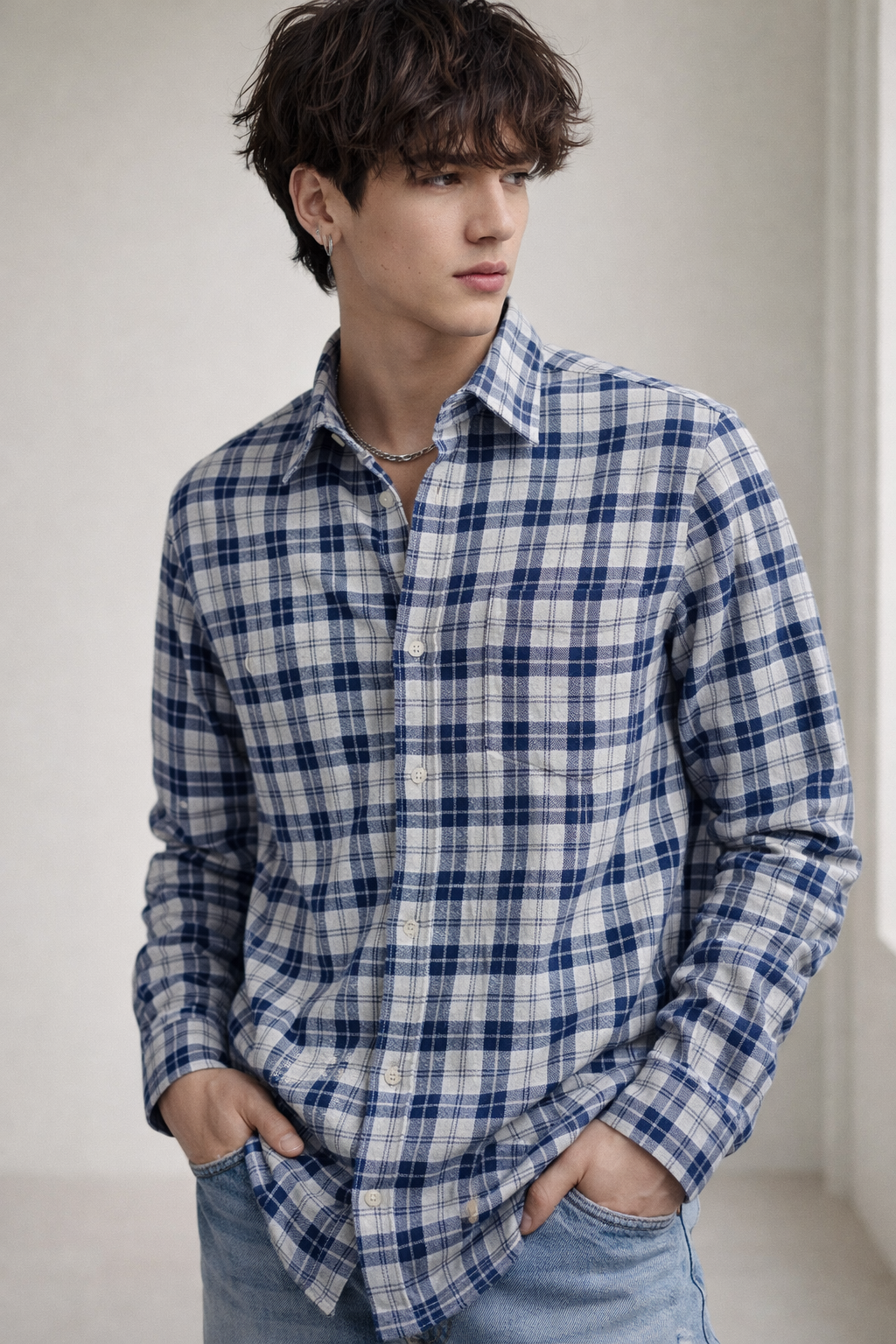 Graphite & Navy Textured Dobby Check Cotton Shirt - 26316