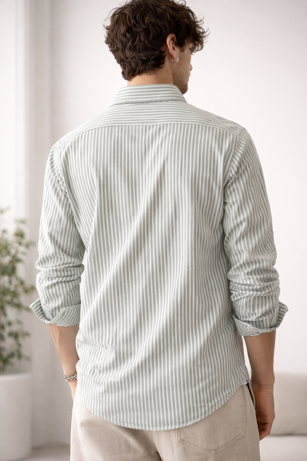 Men's Green & White Striped Premium Cotton Shirt - 26318