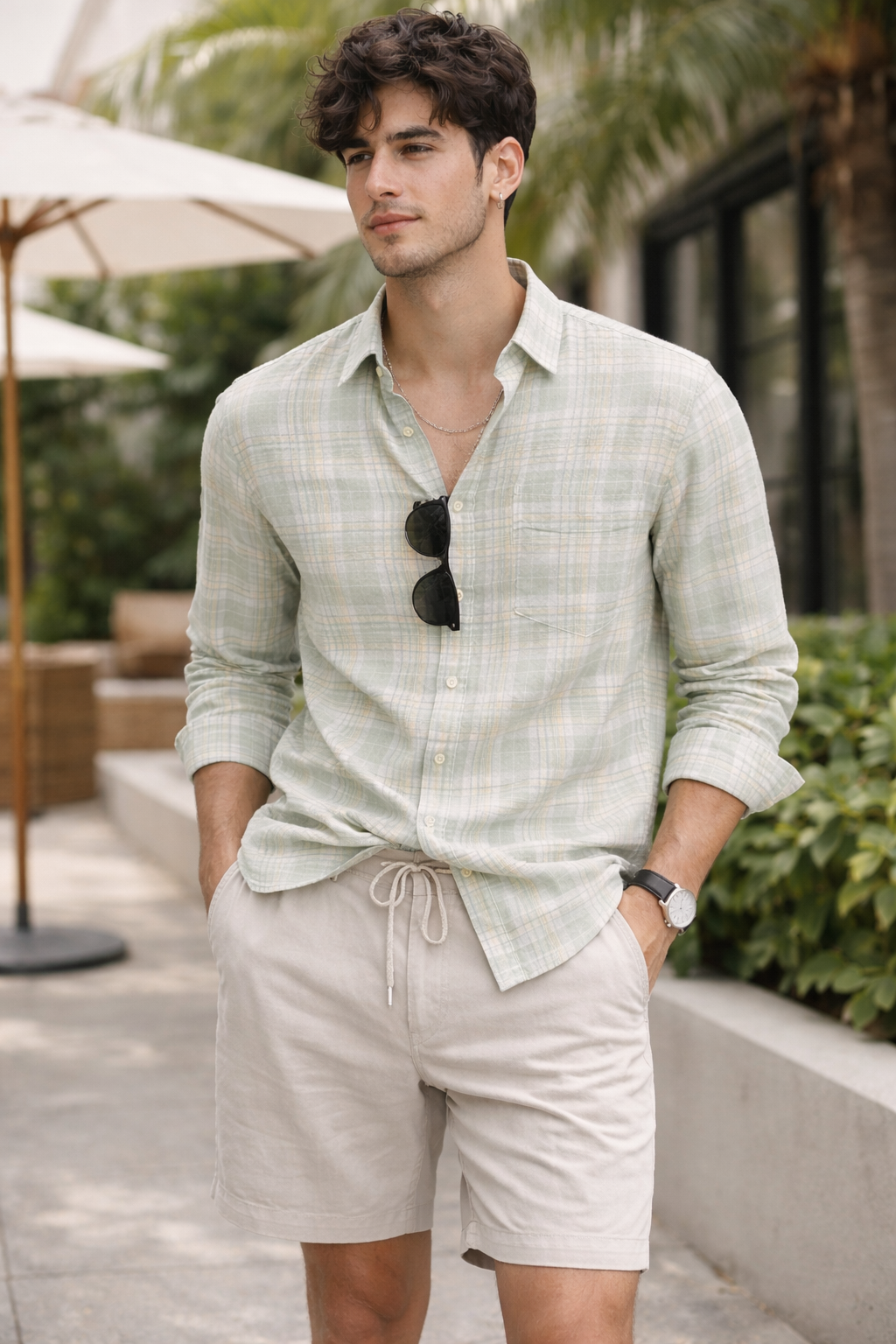 Sage & Sand Textured Check Cotton Shirt - 26314