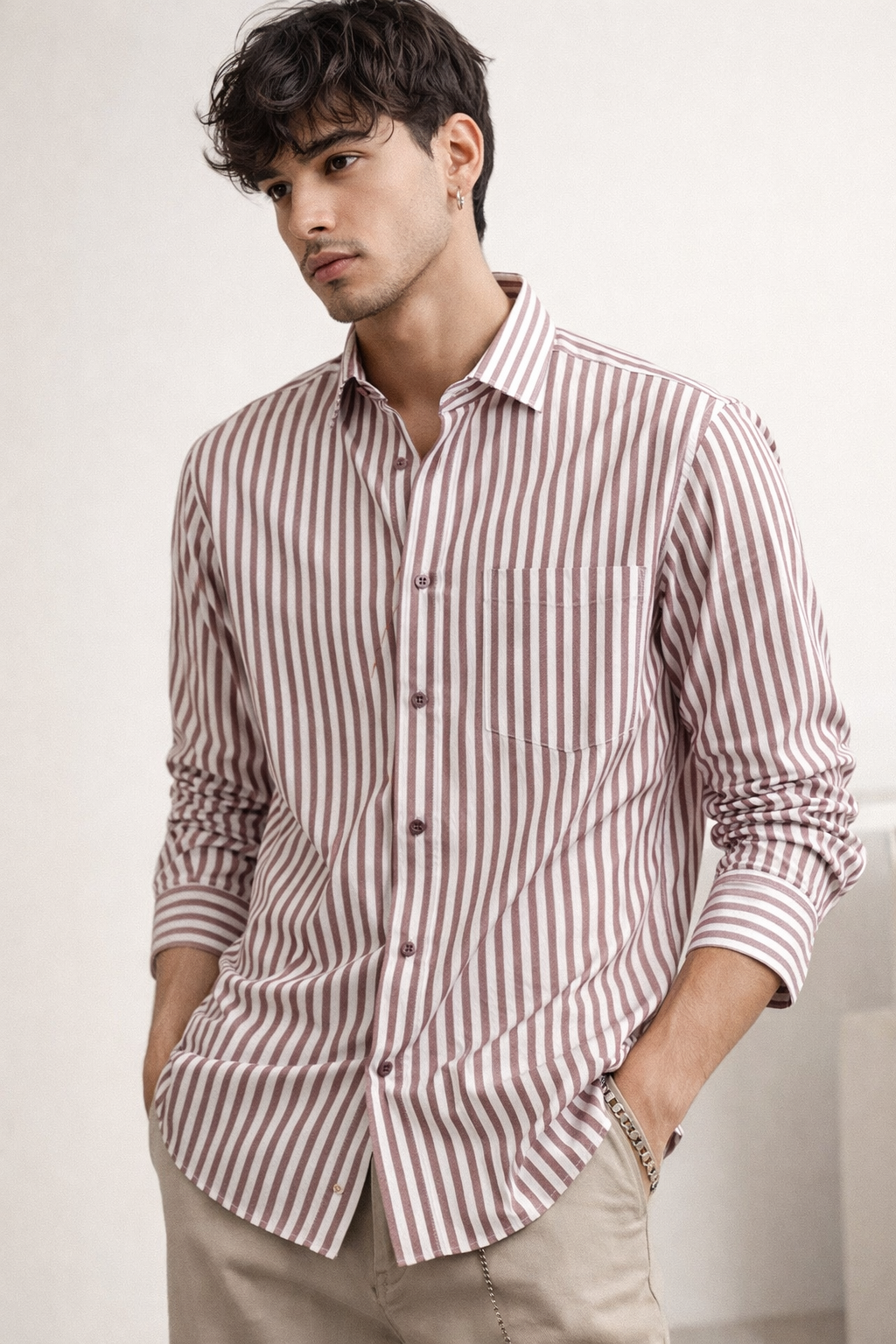 Men's Maroon Vertical Stripe Cotton Formal Shirt - 26319