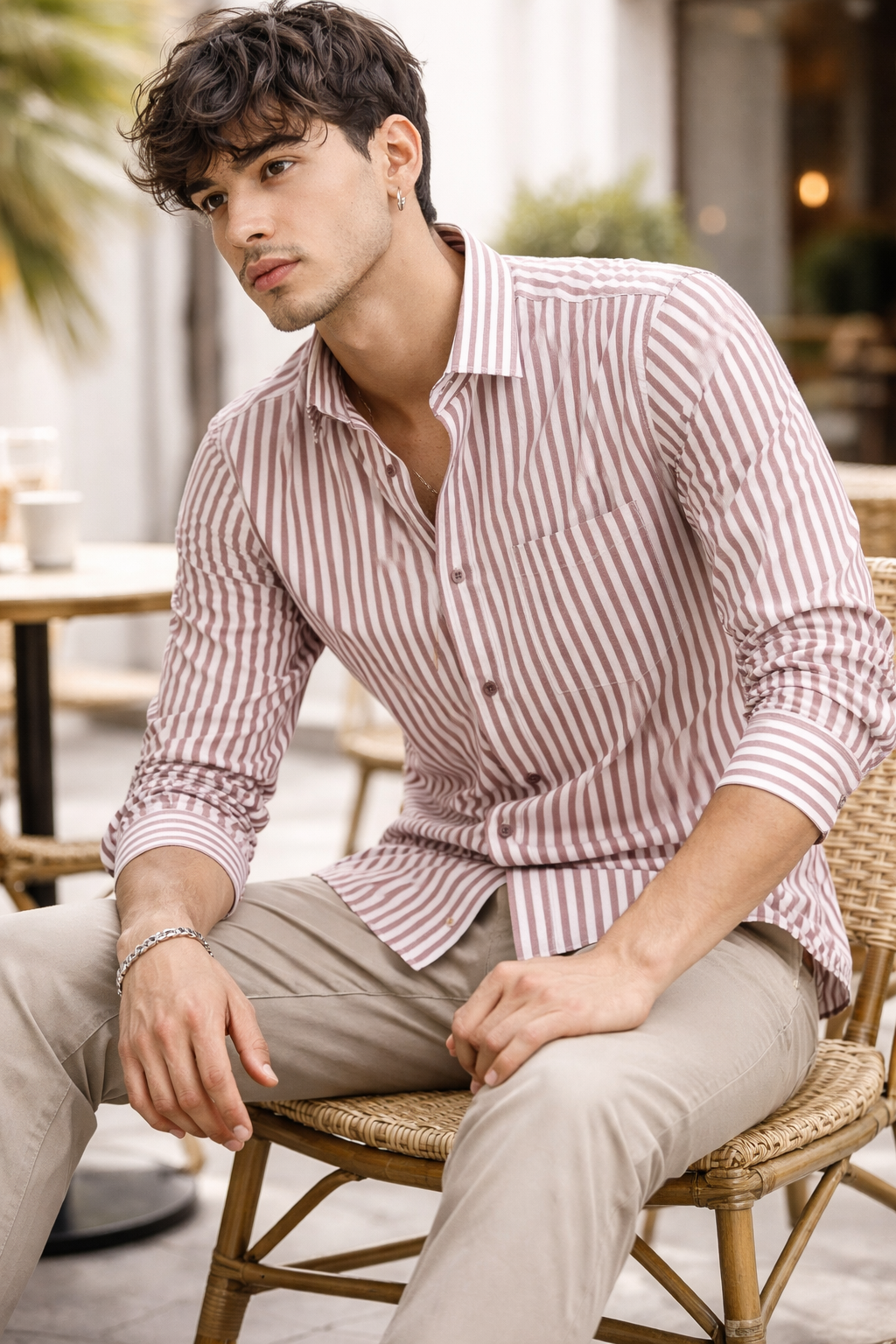 Men's Maroon Vertical Stripe Cotton Formal Shirt - 26319