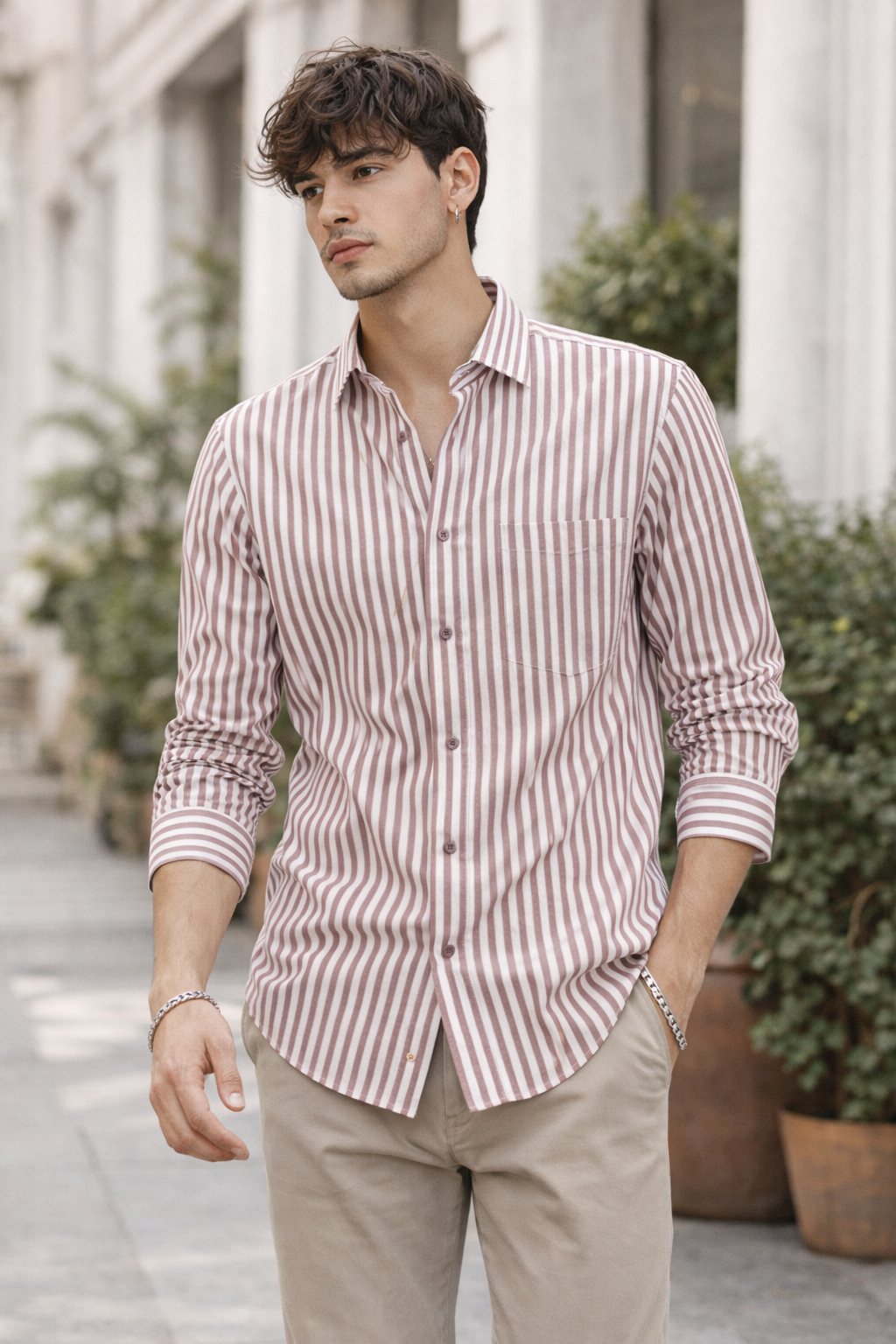 Men's Maroon Vertical Stripe Cotton Formal Shirt - 26319