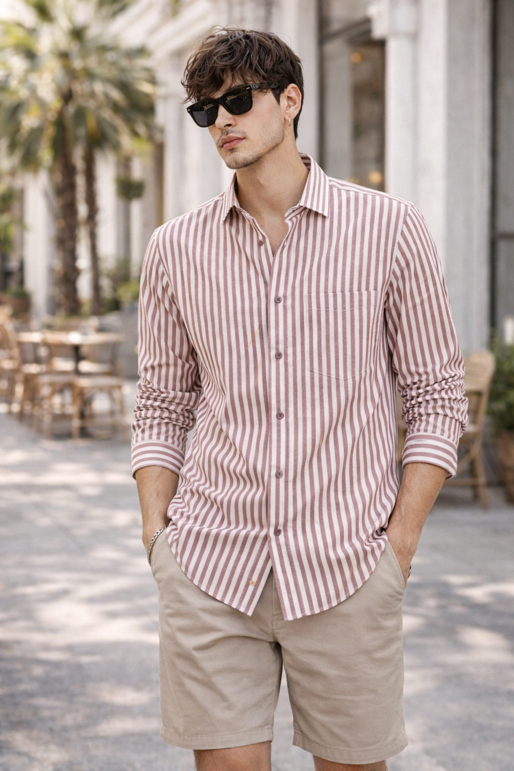 Men's Maroon Vertical Stripe Cotton Formal Shirt - 26319