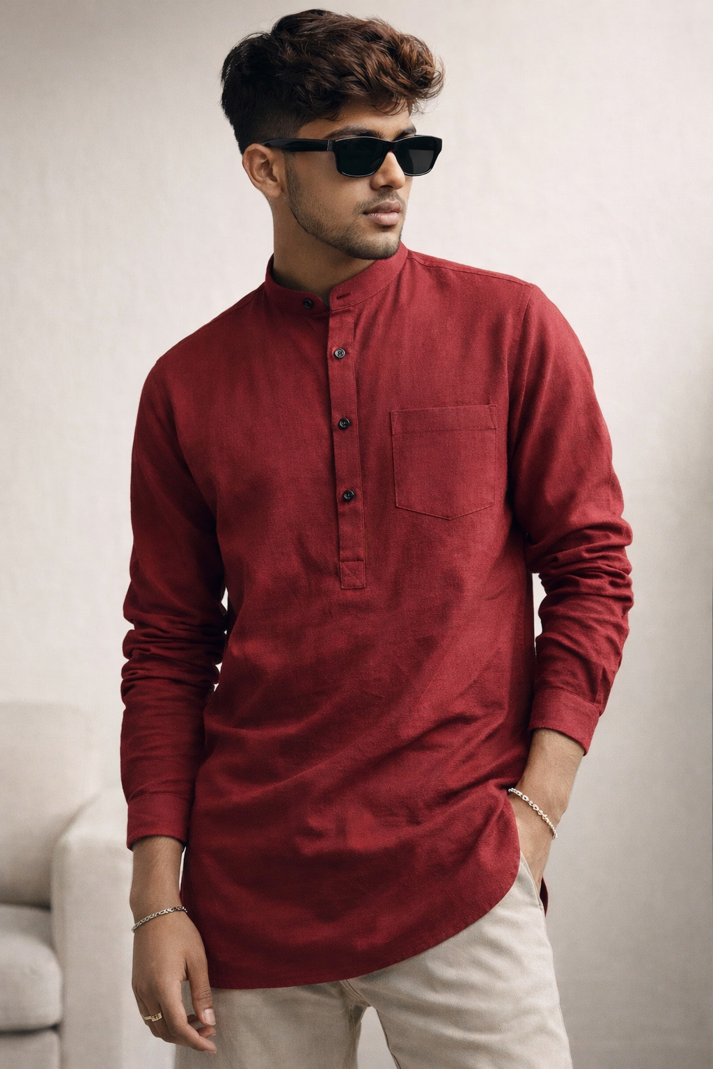 Men’s Solid Maroon Mandarin Collar Short Kurta - 23664