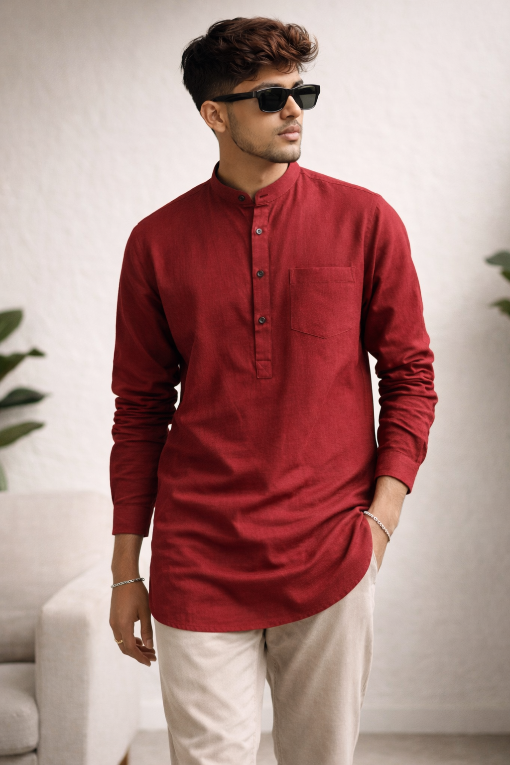 Men’s Solid Maroon Mandarin Collar Short Kurta - 23664