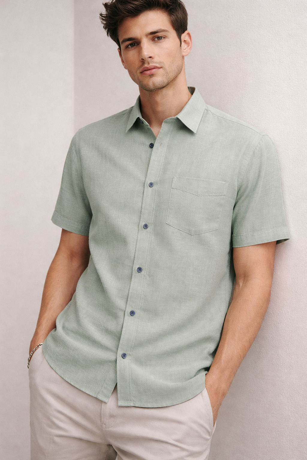 Men’s Sage Green Cotton Linen Casual Shirt - 25709