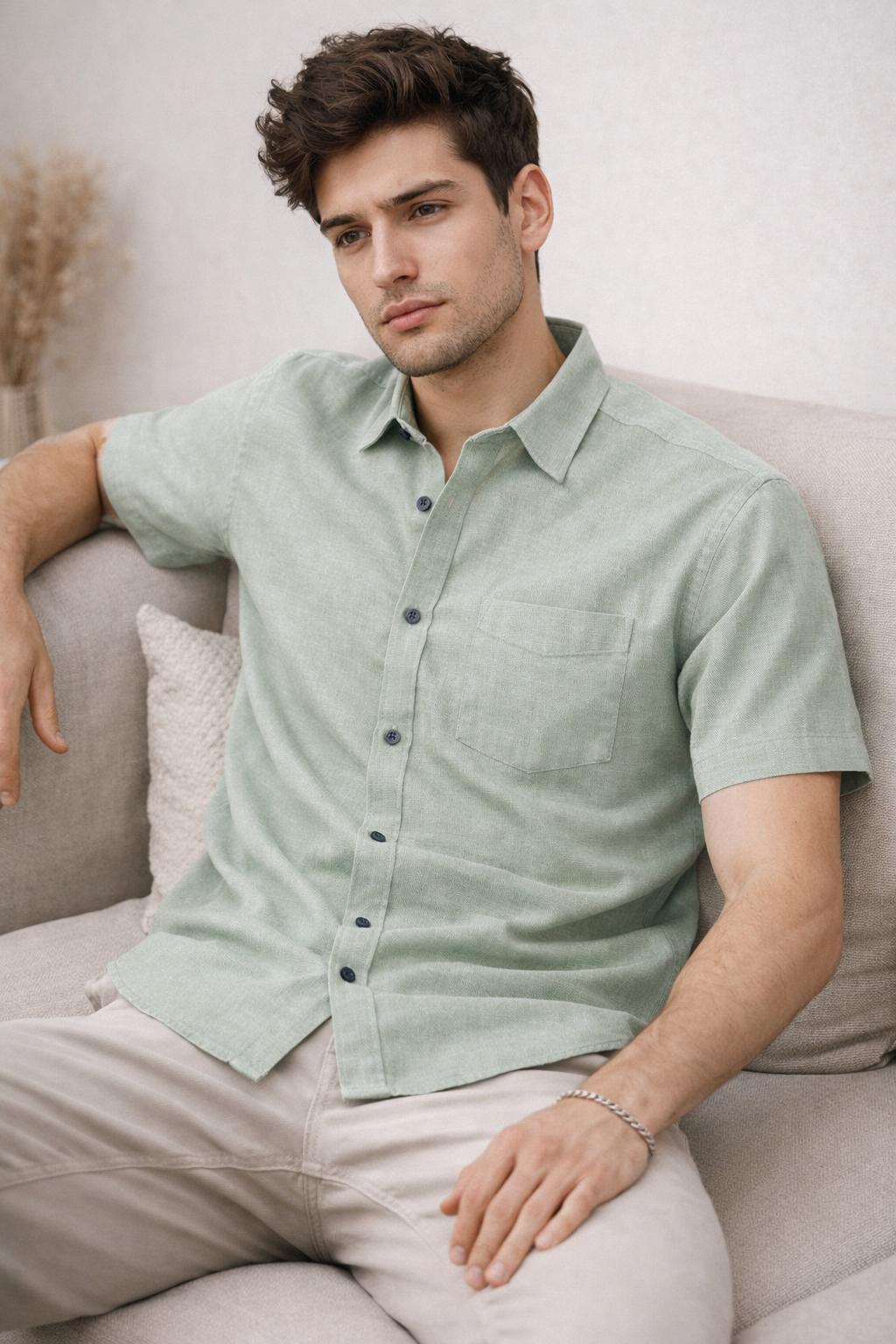 Men’s Sage Green Cotton Linen Casual Shirt - 25709