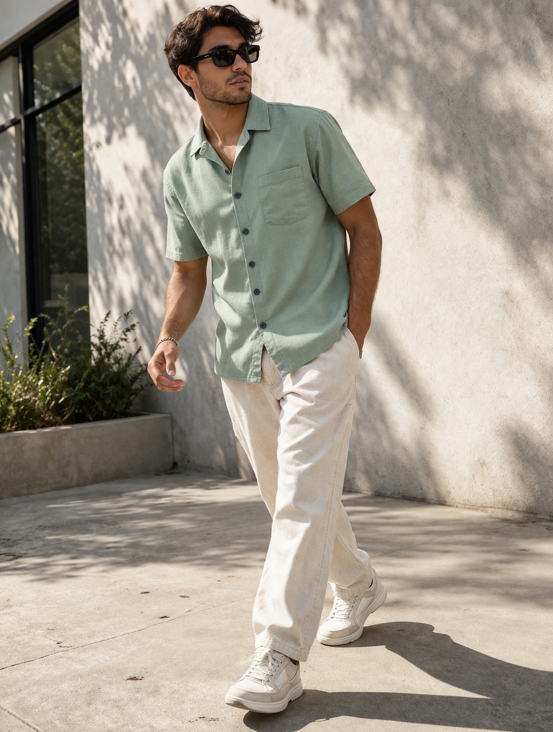 Men’s Sage Green Cotton Linen Casual Shirt - 25709