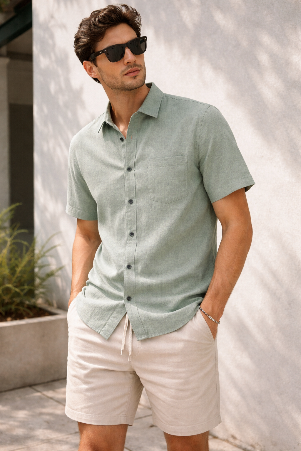 Men’s Sage Green Cotton Linen Casual Shirt - 25709
