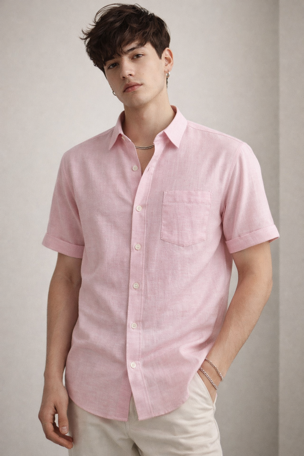 Men’s Blush Pink Cotton Linen Casual Shirt - 25702