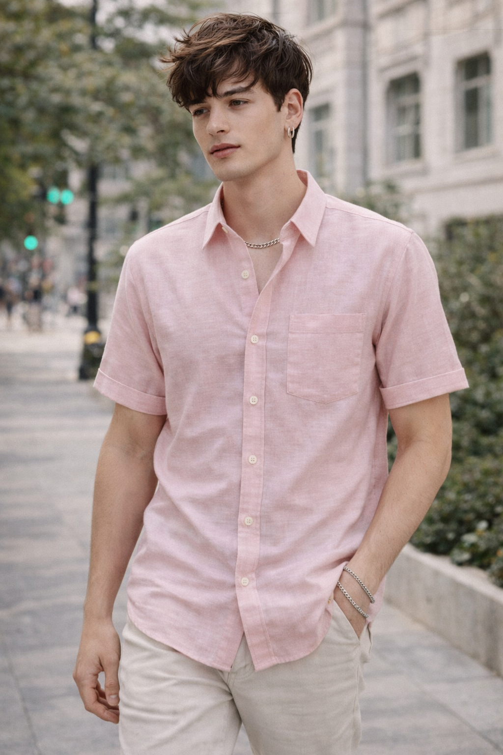 Men’s Blush Pink Cotton Linen Casual Shirt - 25702