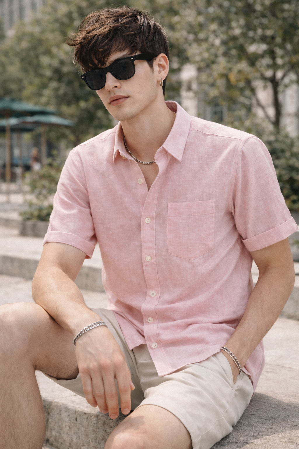 Men’s Blush Pink Cotton Linen Casual Shirt - 25702