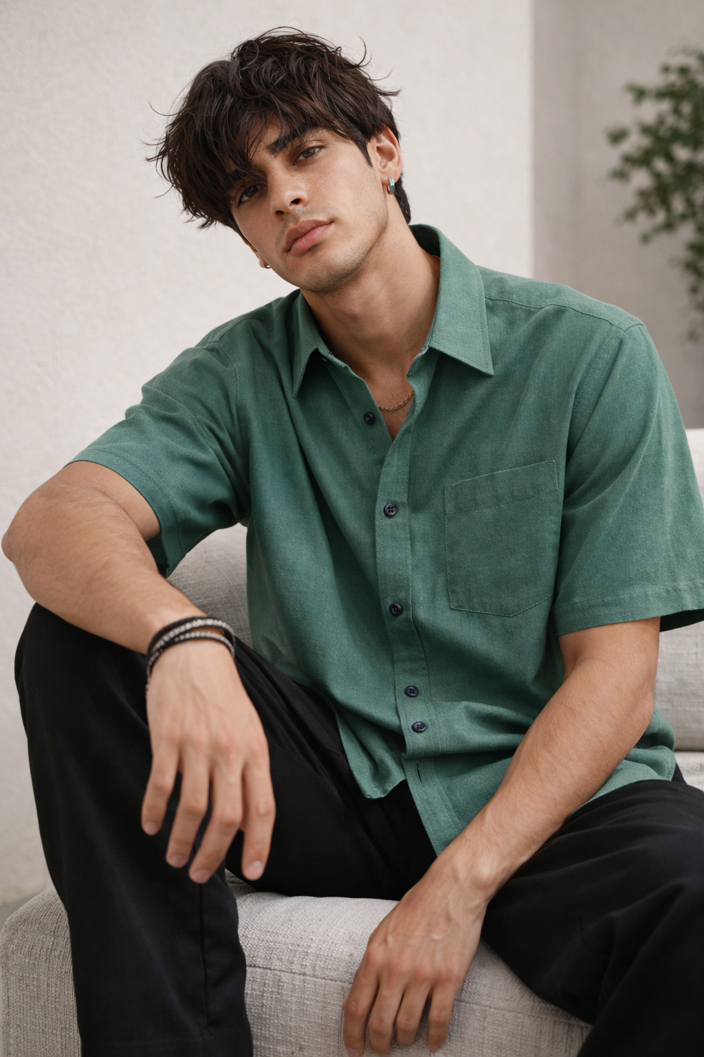 Men’s Jade Green Cotton Linen Casual Shirt - 25699