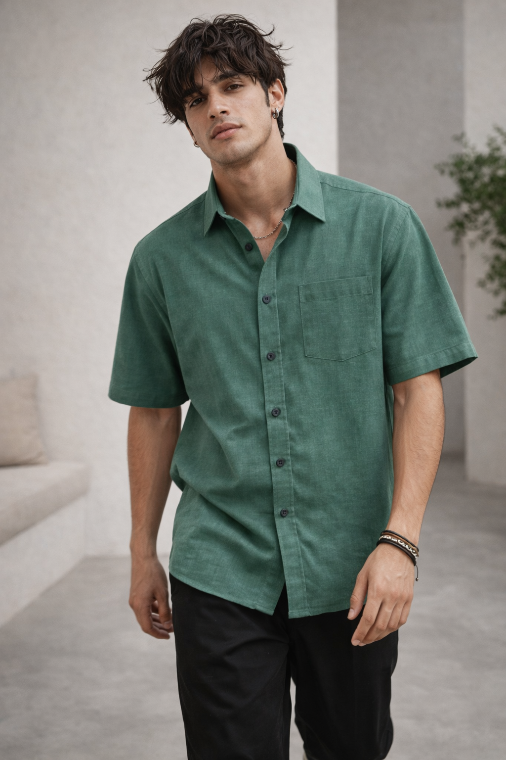 Men’s Jade Green Cotton Linen Casual Shirt - 25699