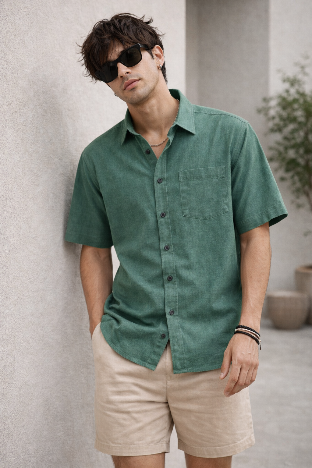 Men’s Jade Green Cotton Linen Casual Shirt - 25699