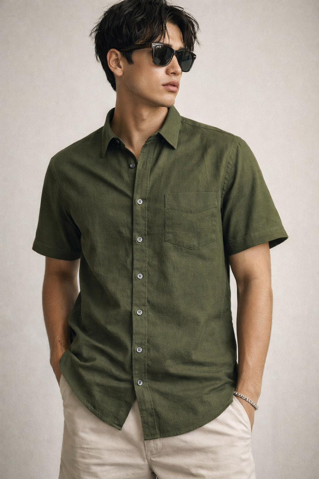 Men’s Olive Green Cotton Linen Casual Shirt - 25705