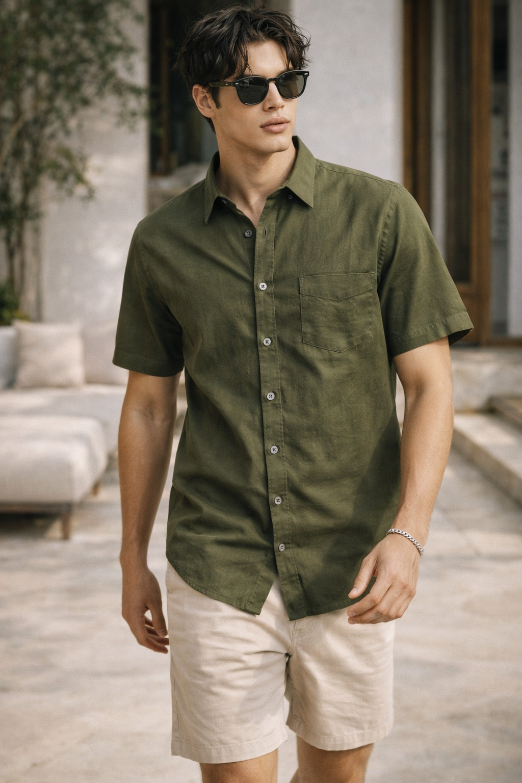 Men’s Olive Green Cotton Linen Casual Shirt - 25705
