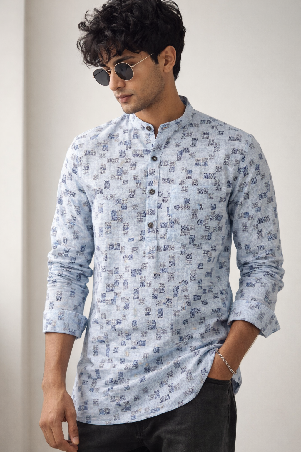 Men's Light Blue & Grey Geometric Block Print Short Kurta - 24262