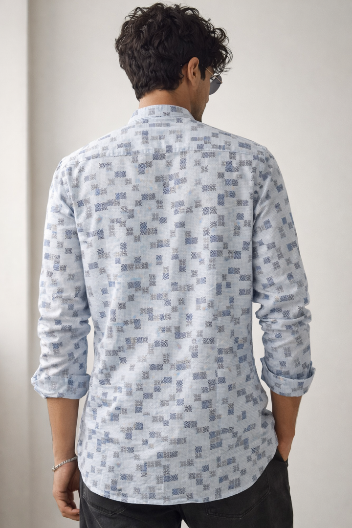 Men's Light Blue & Grey Geometric Block Print Short Kurta - 24262