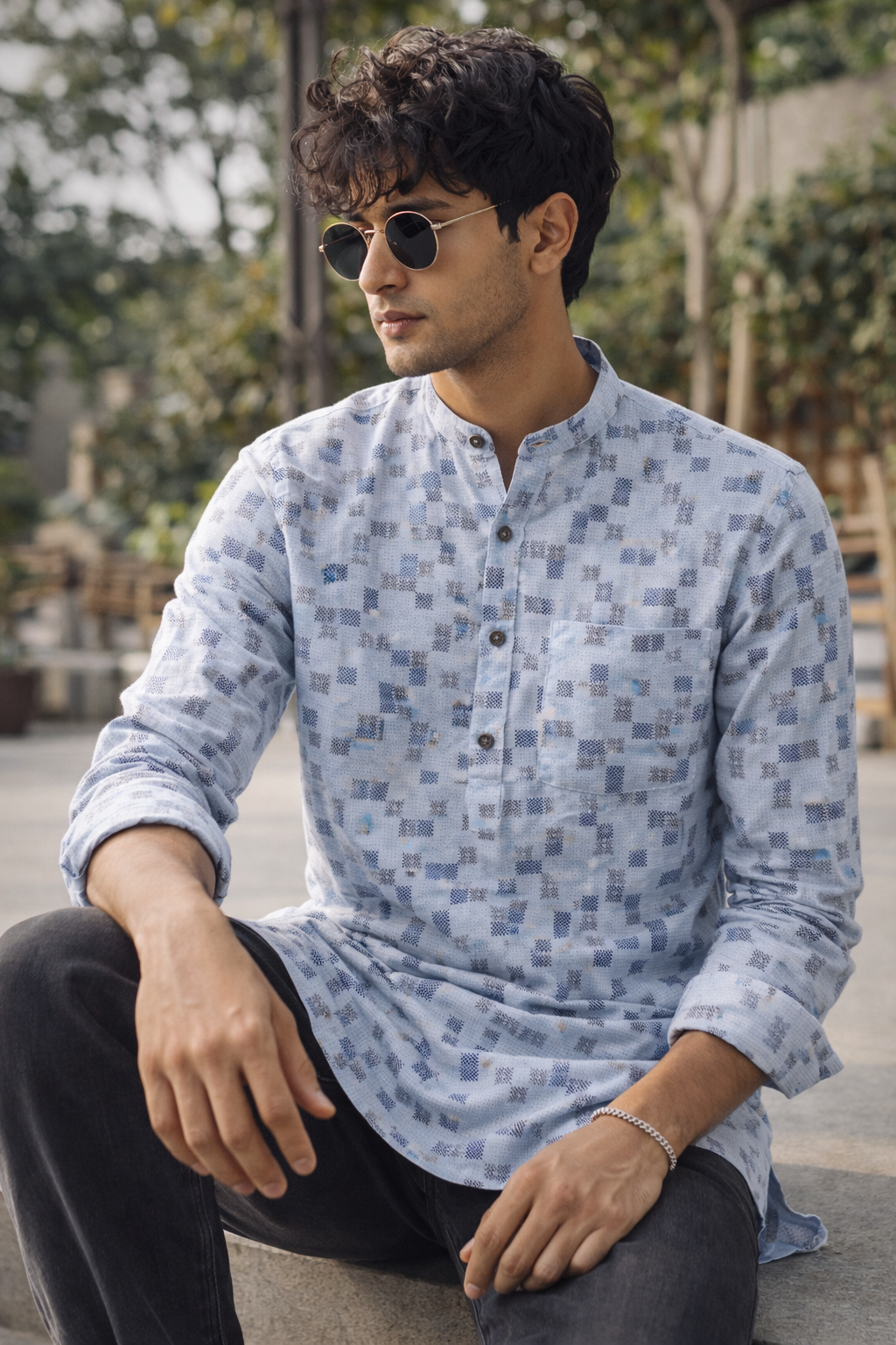 Men's Light Blue & Grey Geometric Block Print Short Kurta - 24262