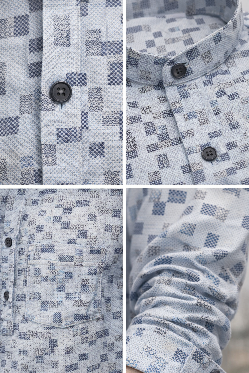 Men's Light Blue & Grey Geometric Block Print Short Kurta - 24262