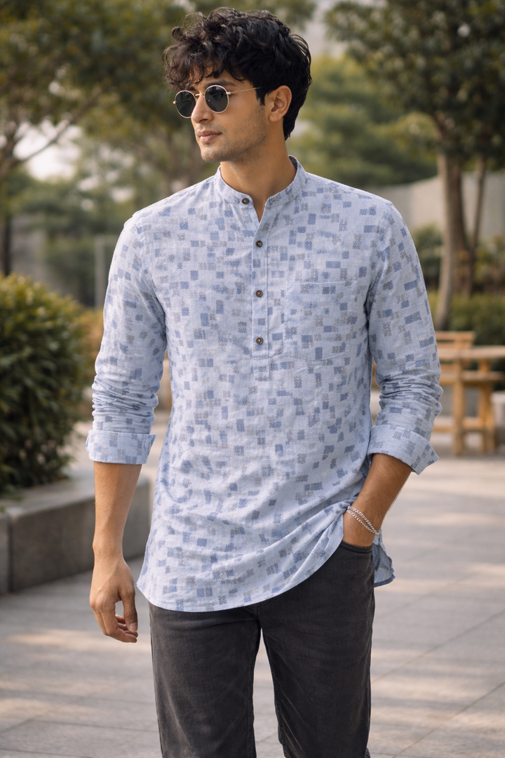 Men's Light Blue & Grey Geometric Block Print Short Kurta - 24262