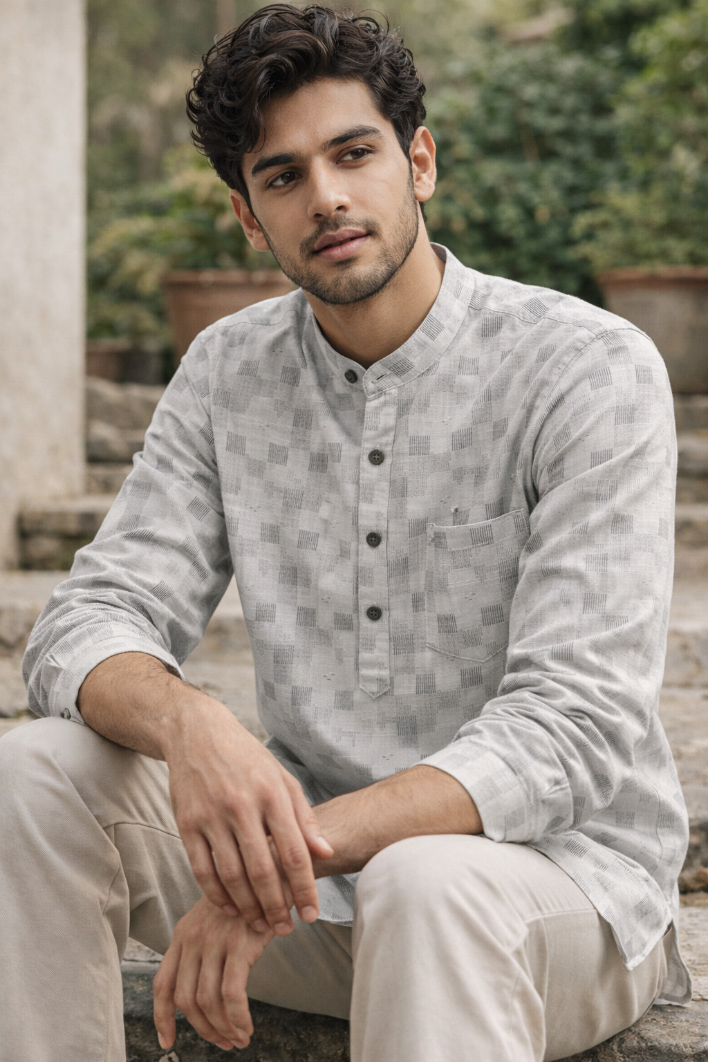 Men's Light Grey & White Checkered Texture Short Kurta - 24271