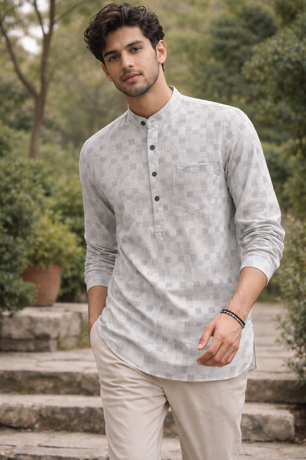 Men's Light Grey & White Checkered Texture Short Kurta - 24271
