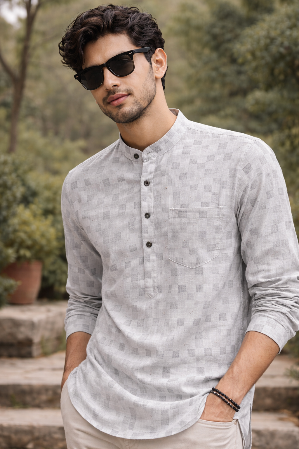 Men's Light Grey & White Checkered Texture Short Kurta - 24271