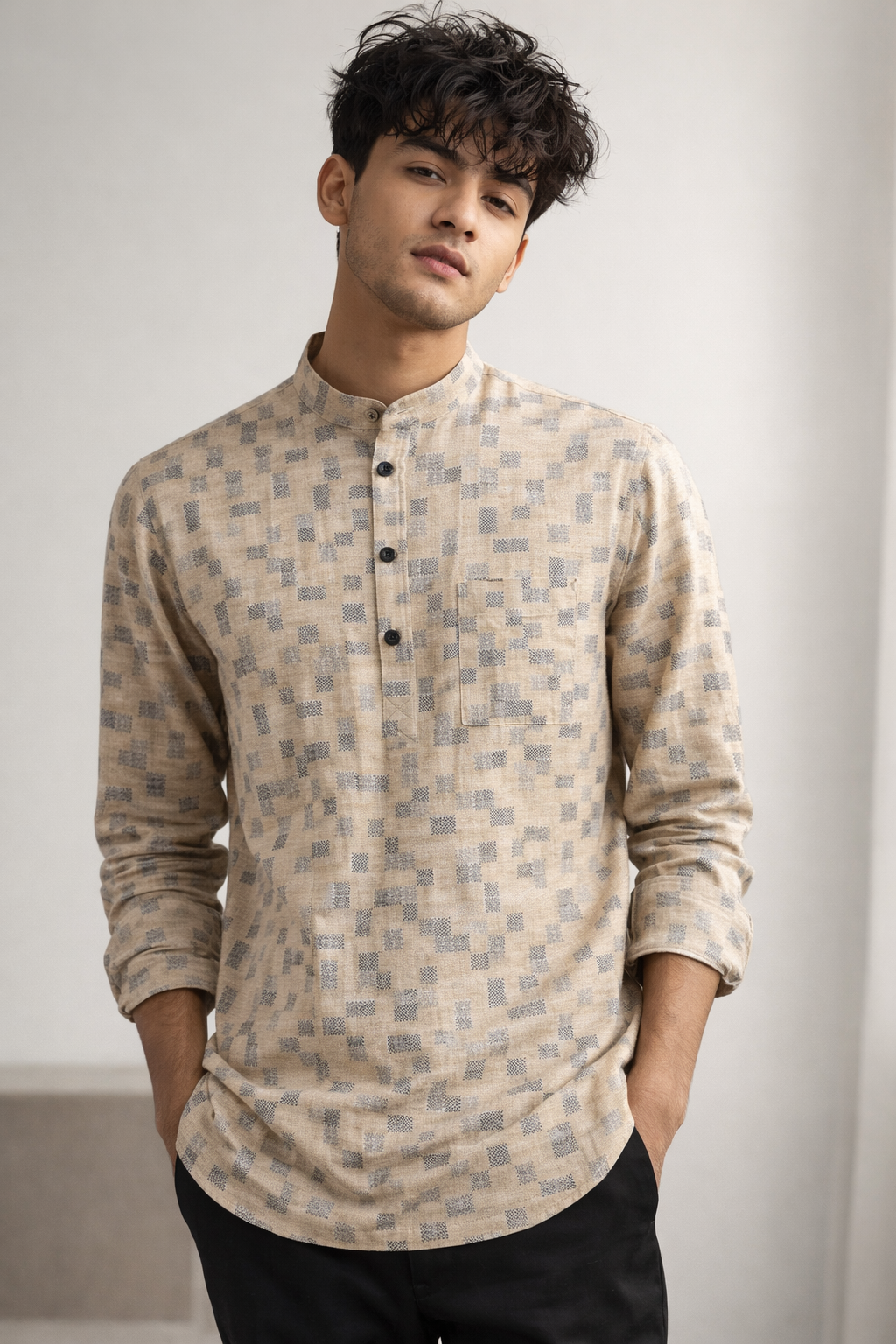 Men's Beige & Grey Geometric Block Print Short Kurta - 24261