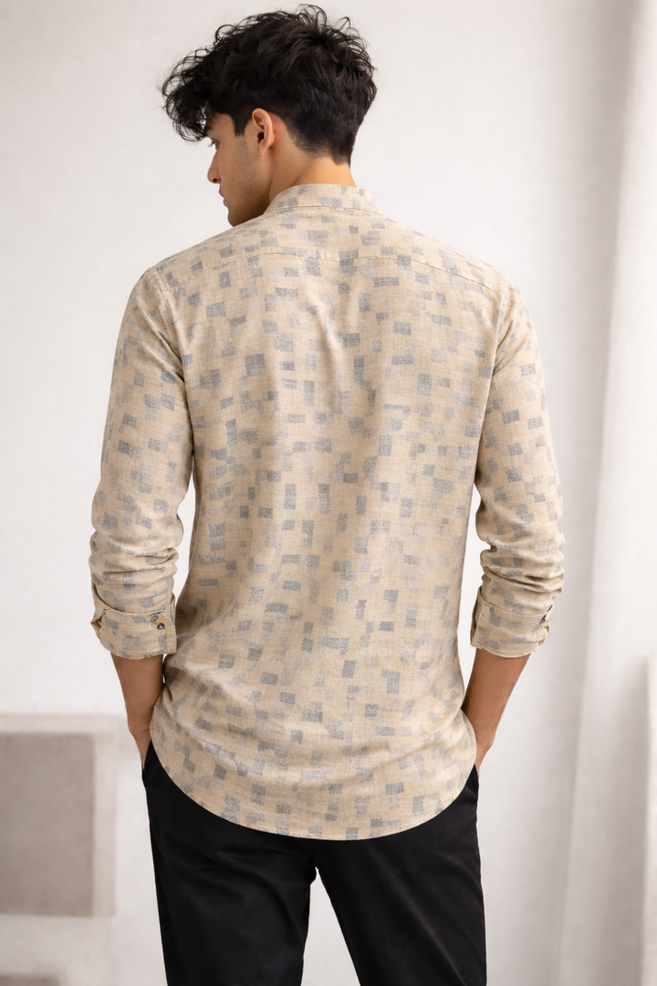 Men's Beige & Grey Geometric Block Print Short Kurta - 24261