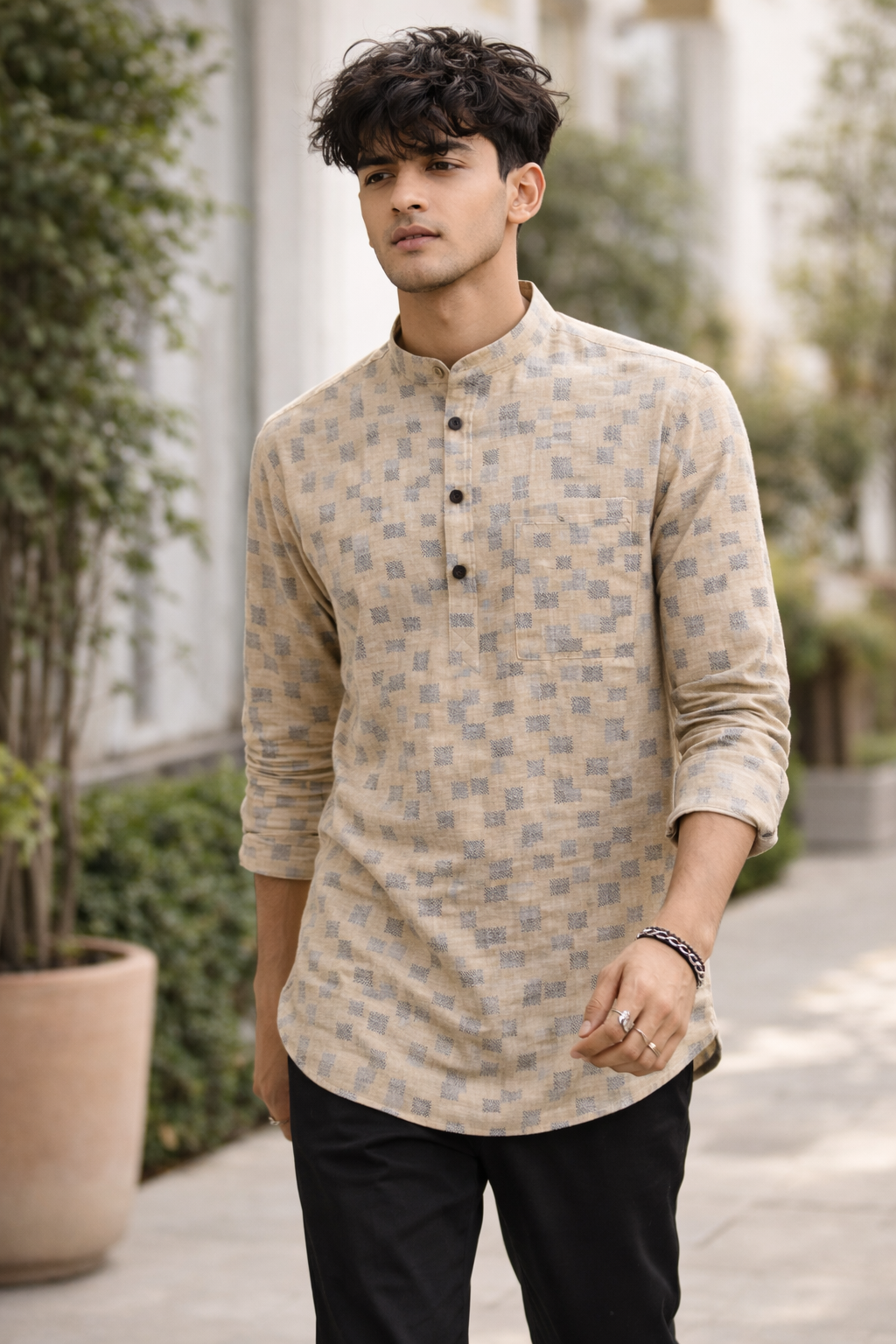 Men's Beige & Grey Geometric Block Print Short Kurta - 24261