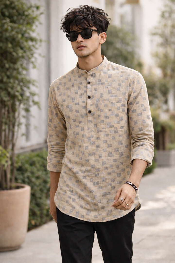 Men's Beige & Grey Geometric Block Print Short Kurta - 24261
