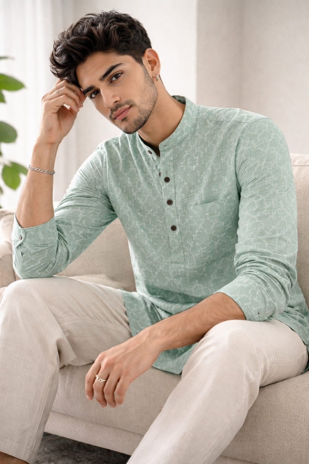Men's Pastel Green Geometric Interlock Print Short Kurta - 24269