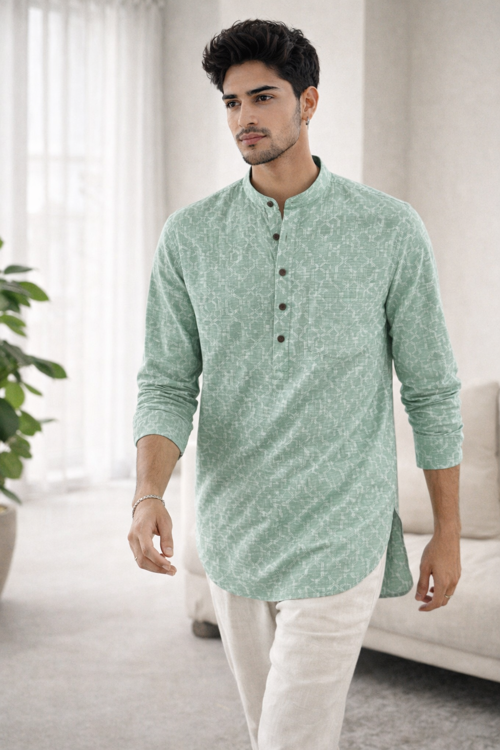 Men's Pastel Green Geometric Interlock Print Short Kurta - 24269