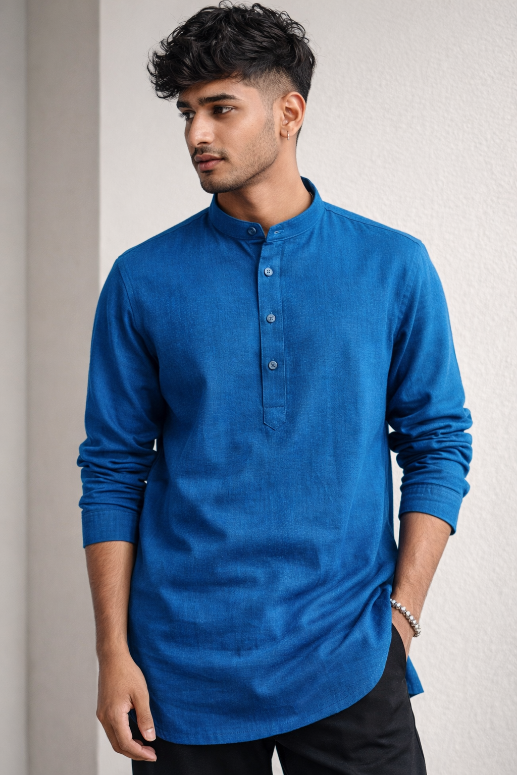 Modern Blue Mandarin Collar Casual Short Kurta - 23666