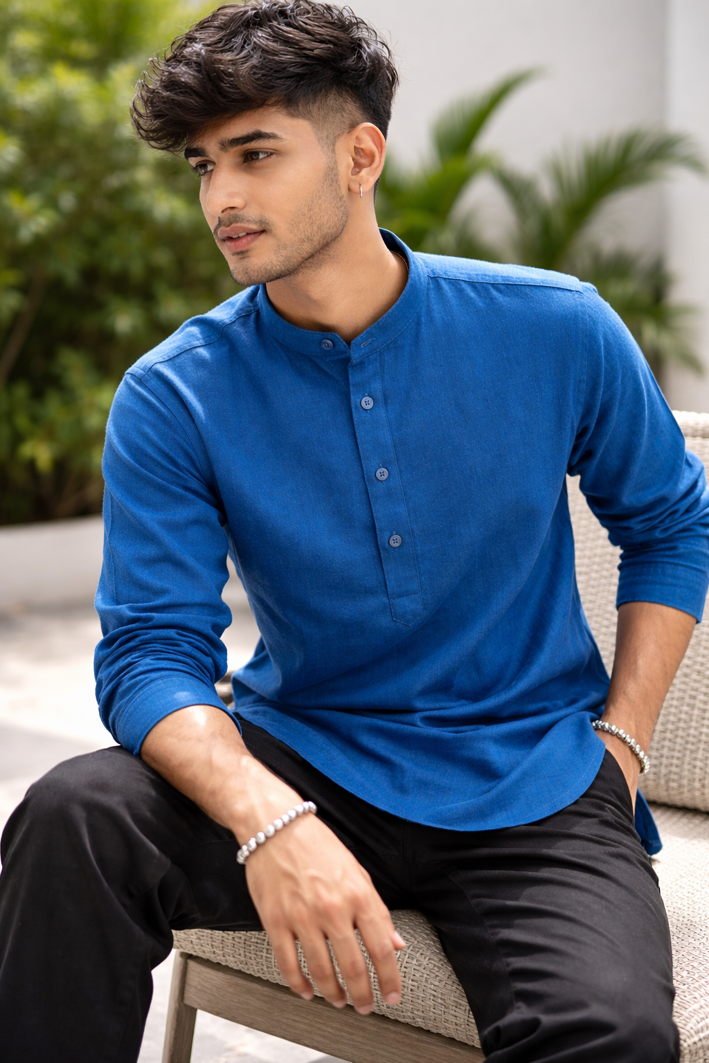 Modern Blue Mandarin Collar Casual Short Kurta - 23666