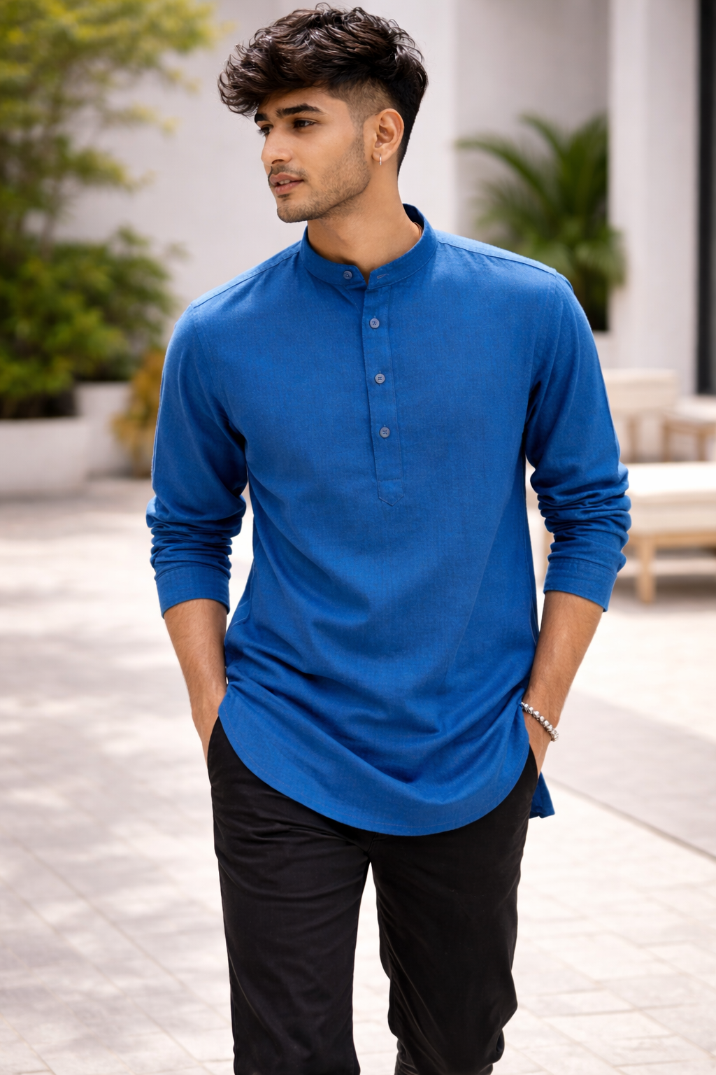 Modern Blue Mandarin Collar Casual Short Kurta - 23666