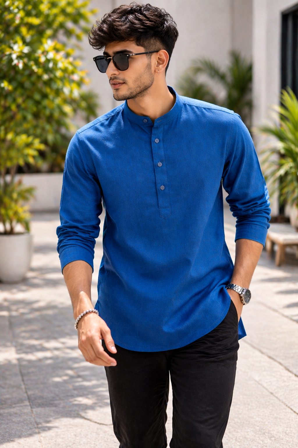 Modern Blue Mandarin Collar Casual Short Kurta - 23666