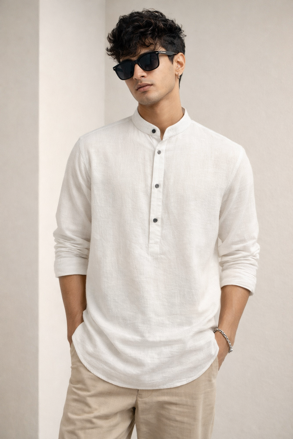 White Cotton Blend Short Kurta - 21025