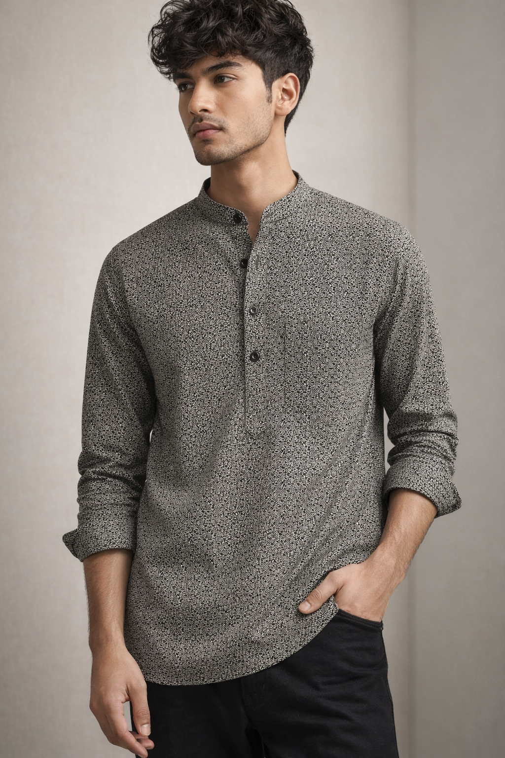 Stone-Pattern Print Modern Ethnic Short Kurta for Men – 24267